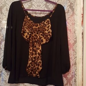 Black chiffon blouse with leopard bow on the back